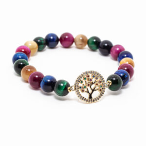 Pulsera de Ojo de tigre multicolor con dije de árbol de la vida