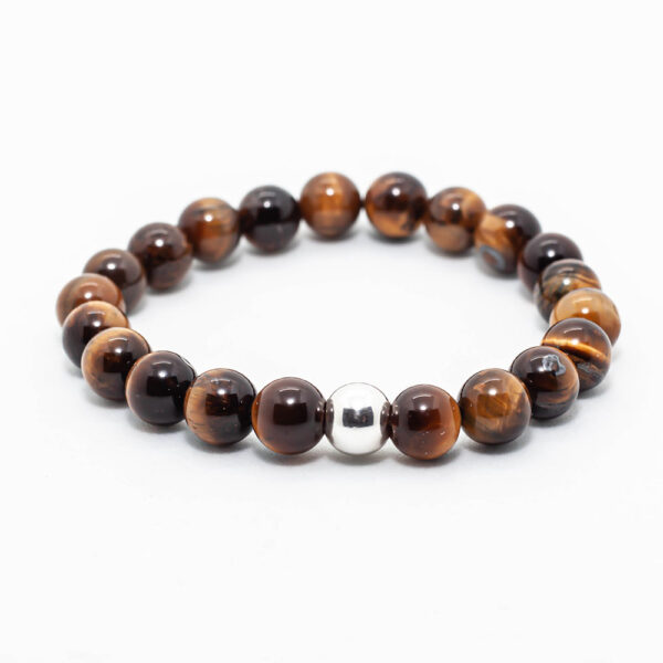 Pulsera de Ojo de tigre marrón y balín de Plata